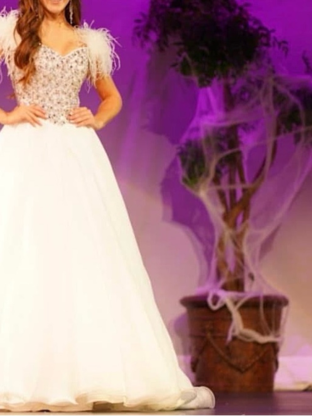 Ashley Lauren White Beaded Ball Gown pageant Dress with Feather Accents